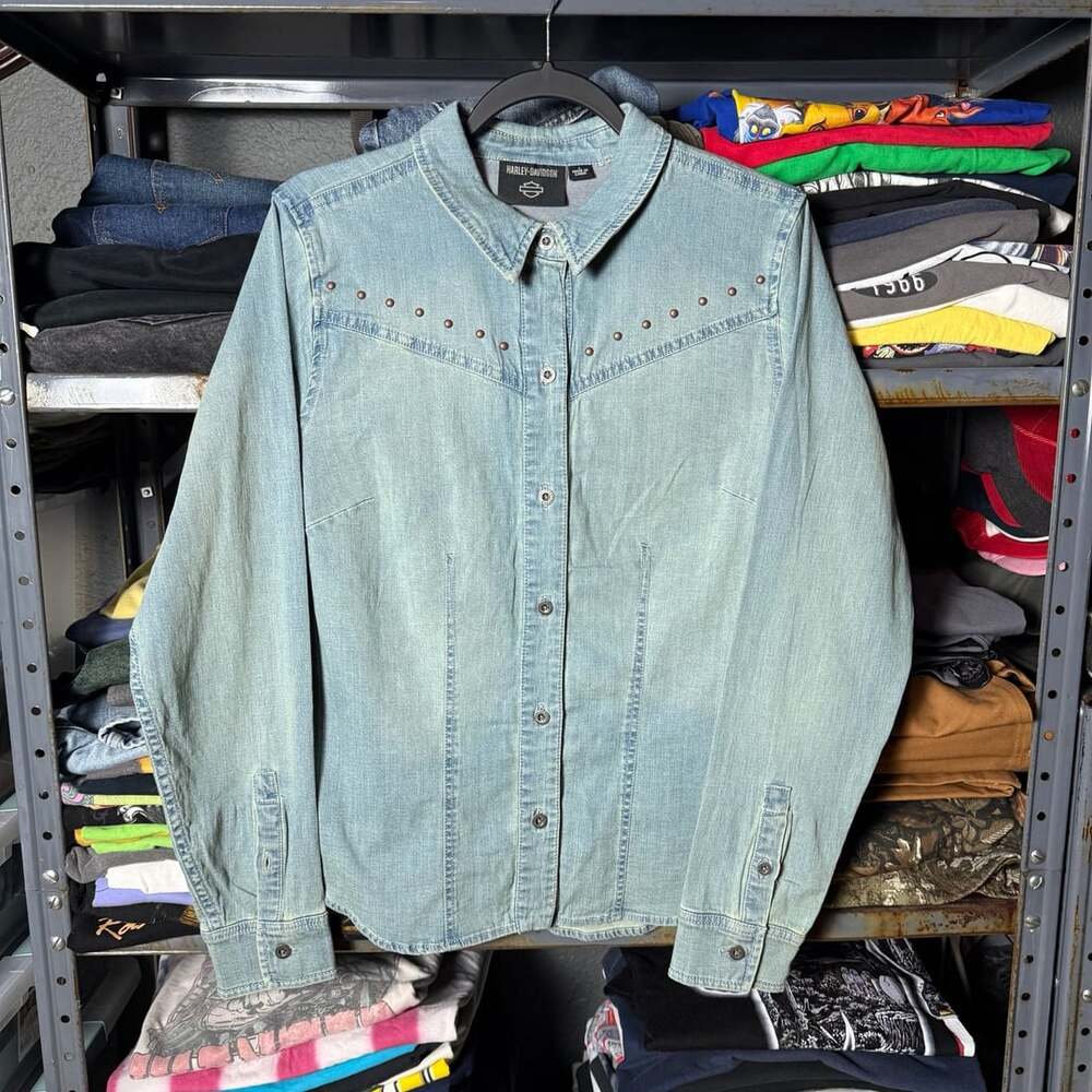 Harley-Davidson Women's Studded Western Light Wash Denim Button Down Large